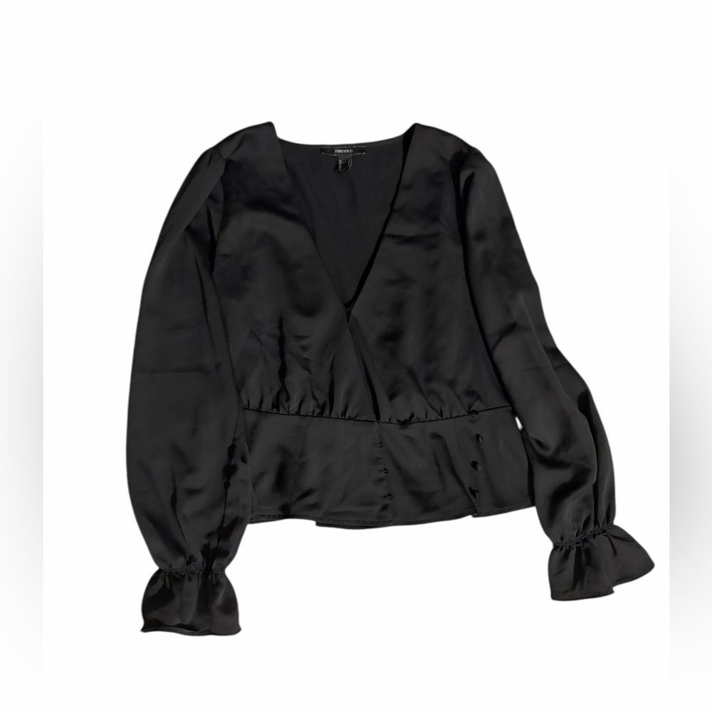Forever 21 Black Satin Wrap Blouse – Women’s Medium
